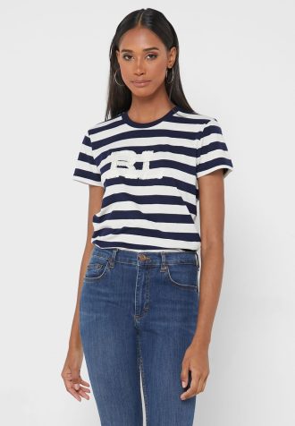 Camisetas de cuello redondo a rayas Ralph Lauren para mujer en azul marino