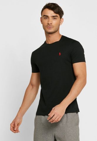 Camisetas de cuello redondo con logotipo bordado de Ralph Lauren para hombre, color negro