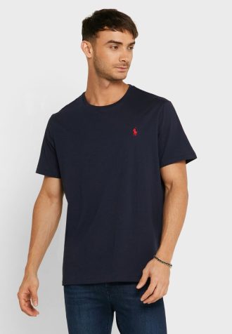 Camisetas de cuello redondo con logotipo bordado de Ralph Lauren para hombre en azul marino
