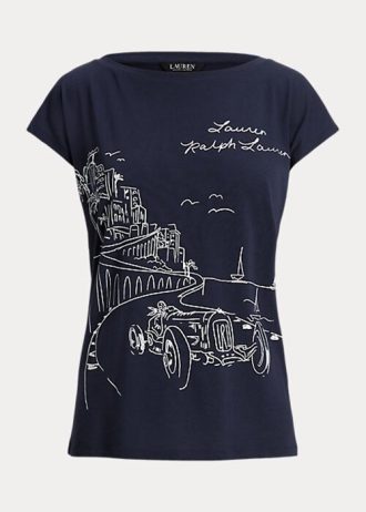Camisetas de jersey gráfico Ralph Lauren para mujer en azul marino Camisetas de jersey gráfico Ralph Lauren para mujer en azul marino