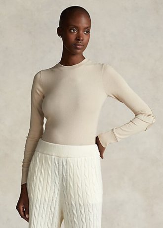Camisetas de manga larga con ribete de ante acanalado de Ralph Lauren para mujer en color crema Camisetas de manga larga con ribete de ante acanalado de Ralph Lauren para mujer en color crema