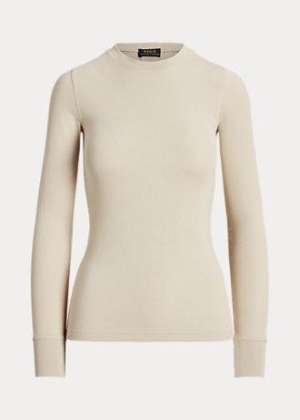Camisetas de manga larga con ribete de ante acanalado de Ralph Lauren para mujer en color crema Camisetas de manga larga con ribete de ante acanalado de Ralph Lauren para mujer en color crema