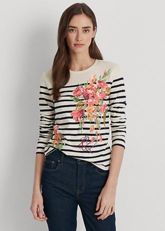 Camisetas de manga larga de jersey con estampado floral y rayas de Ralph Lauren para mujer, color crema/azul marino Camisetas de manga larga de jersey con estampado floral y rayas de Ralph Lauren para mujer, color crema/azul marino