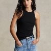 Camisetas de tirantes de algodón acanalado Ralph Lauren para mujer, color negro Camisetas de tirantes de algodón acanalado Ralph Lauren para mujer, color negro