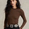 Camisetas marrones de manga larga con ribete de ante acanalado de Ralph Lauren para mujer Camisetas marrones de manga larga con ribete de ante acanalado de Ralph Lauren para mujer