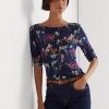 Camisetas Ralph Lauren de algodón elástico con cuello barco y estampado floral multicolor para mujer Camisetas Ralph Lauren de algodón elástico con cuello barco y estampado floral multicolor para mujer