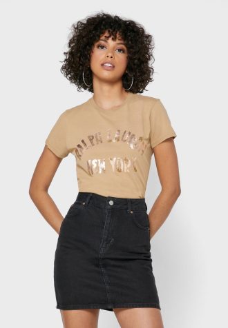 Camisetas Ralph Lauren de cuello redondo con logotipo para mujer en color marrón