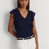 Camisetas Ralph Lauren de punto acanalado con ribete de volantes para mujer en azul marino Camisetas Ralph Lauren de punto acanalado con ribete de volantes para mujer en azul marino