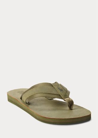 Chanclas Ralph Lauren de ante con ribete de grogrén en color oliva oscuro para hombre