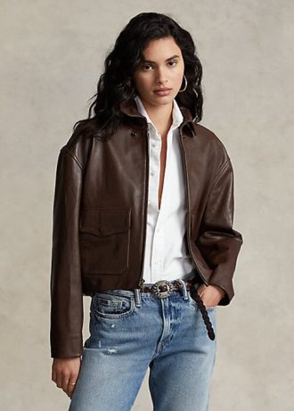 Chaquetas bomber de cuero recortadas Ralph Lauren para mujer en color marrón Chaquetas bomber de cuero recortadas Ralph Lauren para mujer en color marrón
