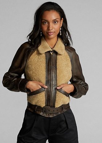 Chaquetas de piel de oveja con paneles de Ralph Lauren para mujer, color negro y crema