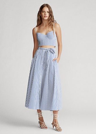 Faldas acampanadas de algodón a rayas Ralph Lauren para mujer, blancas y azules