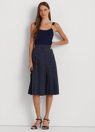 Faldas plisadas de crepé con lunares de Ralph Lauren para mujer en color crema/azul marino