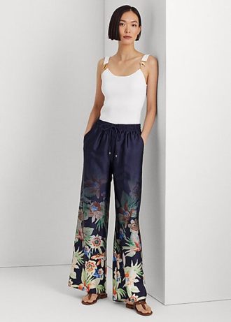 Pantalones anchos de charmeuse floral Ralph Lauren para mujer en azul marino Pantalones anchos de charmeuse floral Ralph Lauren para mujer en azul marino