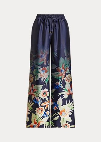 Pantalones anchos de charmeuse floral Ralph Lauren para mujer en azul marino Pantalones anchos de charmeuse floral Ralph Lauren para mujer en azul marino