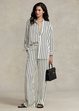 Pantalones anchos de satén a rayas Ralph Lauren para mujer, color negro y crema Pantalones anchos de satén a rayas Ralph Lauren para mujer, color negro y crema