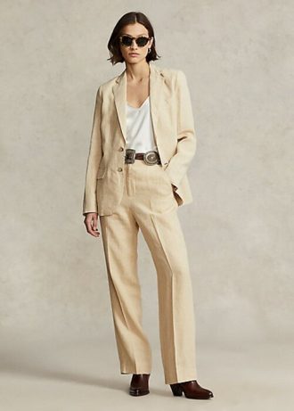 Pantalones de lino rectos y recortados Ralph Lauren para mujer en beige