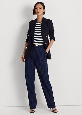 Pantalones rectos de sarga de raya diplomática Ralph Lauren para mujer en azul marino y blanco