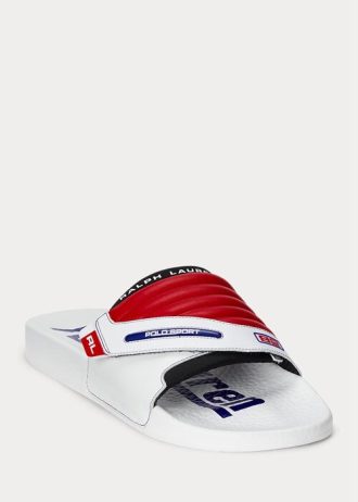 Pantuflas de moto de cuero con bloques de color Ralph Lauren para hombre, blancas y rojas
