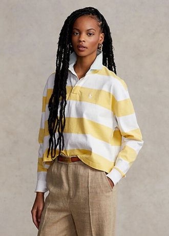 Polo de rugby Ralph Lauren de jersey corto a rayas amarillo/blanco para mujer