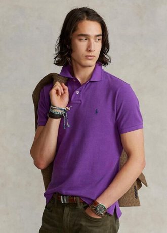 Polos de malla entallados personalizados Ralph Lauren morados para hombre