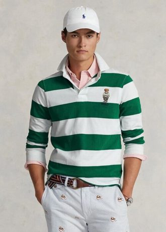 Polos de rugby Ralph Lauren blancos ajustados y personalizados con diseño de oso para hombre
