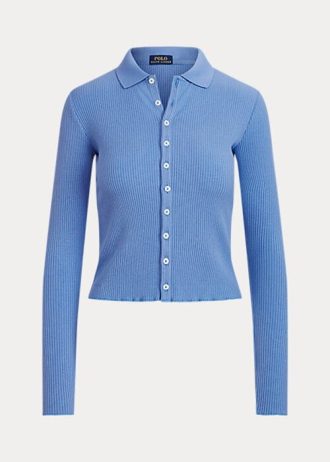 Polos Ralph Lauren azules de canalé con botones delanteros para mujer