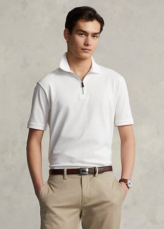 Polos Ralph Lauren blancos de malla elástica con cremallera para hombre Polos Ralph Lauren blancos de malla elástica con cremallera para hombre