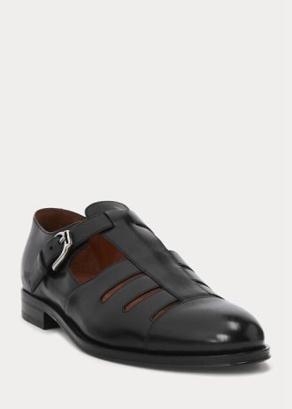 Sandalias de pescador Ralph Lauren de piel de becerro bruñida para hombre, color negro