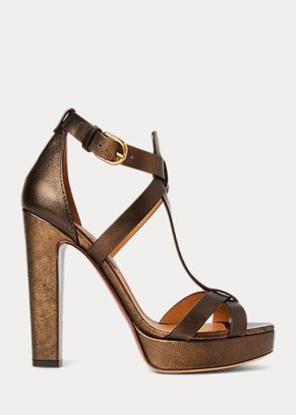 Sandalias Ralph Lauren Dakota de piel de becerro metalizada para mujer en color cobre