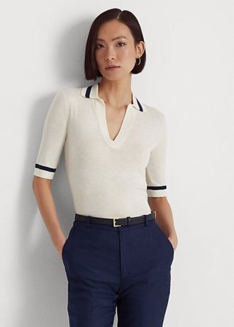Suéteres blancos de manga corta de mezcla de seda Ralph Lauren para mujer Suéteres blancos de manga corta de mezcla de seda Ralph Lauren para mujer