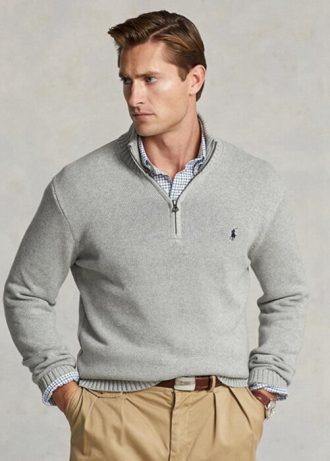 Suéteres de algodón Ralph Lauren con cremallera de un cuarto para hombre en gris