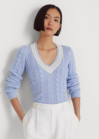 Suéteres de críquet de punto trenzado Ralph Lauren azules para mujer Suéteres de críquet de punto trenzado Ralph Lauren azules para mujer