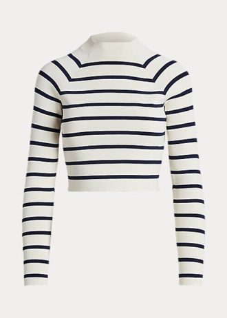 Suéteres de cuello alto cortos a rayas Ralph Lauren para mujer en color crema/azul marino Suéteres de cuello alto cortos a rayas Ralph Lauren para mujer en color crema/azul marino