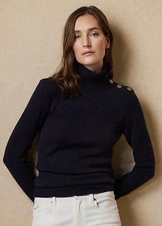 Suéteres de cuello alto de cachemira con botones Ralph Lauren para mujer en azul marino Suéteres de cuello alto de cachemira con botones Ralph Lauren para mujer en azul marino