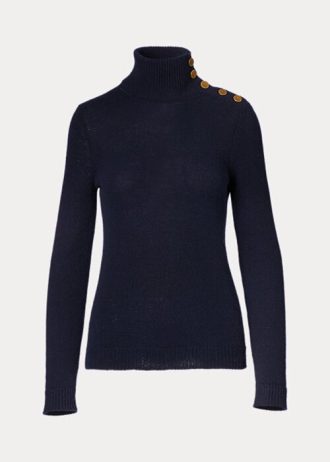 Suéteres de cuello alto de cachemira con botones Ralph Lauren para mujer en azul marino Suéteres de cuello alto de cachemira con botones Ralph Lauren para mujer en azul marino