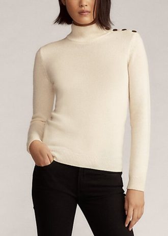 Suéteres de cuello alto de cachemira con botones Ralph Lauren para mujer en color crema Suéteres de cuello alto de cachemira con botones Ralph Lauren para mujer en color crema