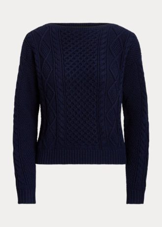 Suéteres de cuello barco de algodón de punto Aran de Ralph Lauren para mujer en azul marino Suéteres de cuello barco de algodón de punto Aran de Ralph Lauren para mujer en azul marino