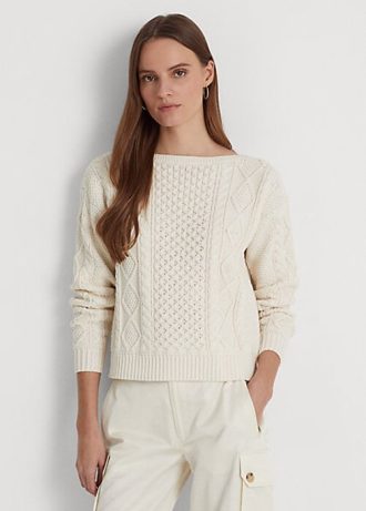 Suéteres de cuello barco de algodón de punto Aran de Ralph Lauren para mujer en color crema Suéteres de cuello barco de algodón de punto Aran de Ralph Lauren para mujer en color crema