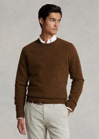 Suéteres de cuello redondo de lana con parche de gamuza de Ralph Lauren para hombre en color marrón