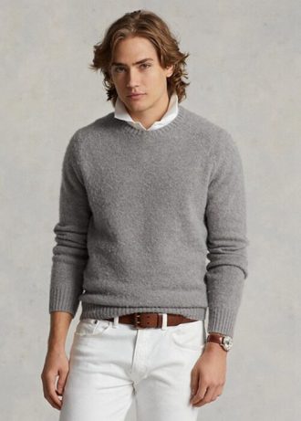 Suéteres de cuello redondo de lana con parche de gamuza de Ralph Lauren para hombre en gris