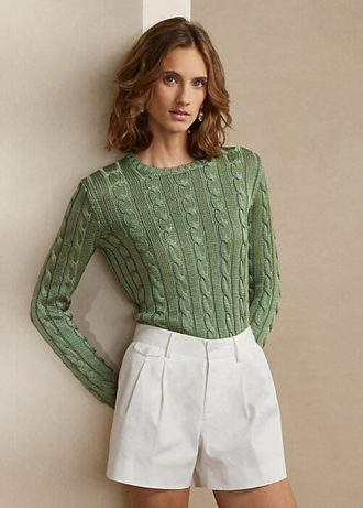 Suéteres de cuello redondo de seda con punto trenzado de Ralph Lauren para mujer, color verde Suéteres de cuello redondo de seda con punto trenzado de Ralph Lauren para mujer, color verde