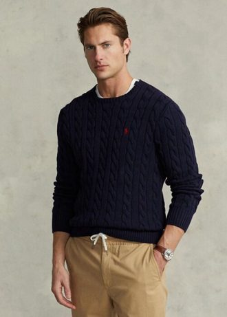 Suéteres de punto trenzado de algodón Ralph Lauren para hombre en azul marino