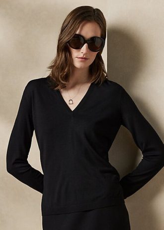 Suéteres negros de lana Ralph Lauren de manga larga y cuello en V para mujer