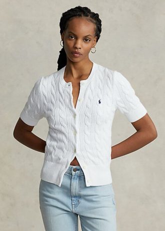 Suéteres Ralph Lauren blancos de manga corta con punto trenzado para mujer