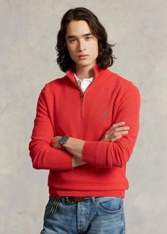 Suéteres Ralph Lauren de algodón de punto de malla con cremallera de un cuarto para hombre en color rojo Suéteres Ralph Lauren de algodón de punto de malla con cremallera de un cuarto para hombre en color rojo