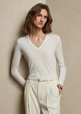 Suéteres Ralph Lauren de lana color crema con cuello en V y manga larga para mujer