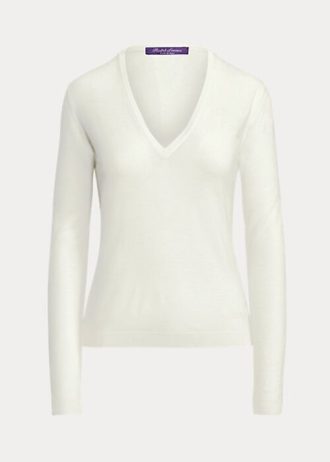 Suéteres Ralph Lauren de lana color crema con cuello en V y manga larga para mujer