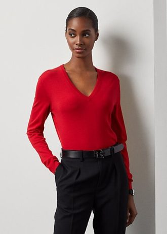 Suéteres Ralph Lauren de lana de manga larga y cuello en V para mujer en color rojo