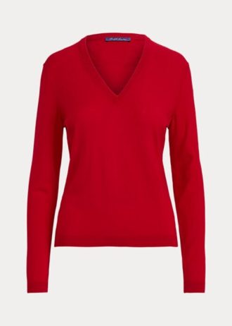 Suéteres Ralph Lauren de lana de manga larga y cuello en V para mujer en color rojo